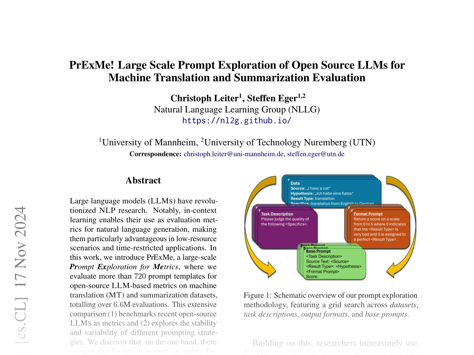 [PrExMe! Large Scale Prompt Exploration of Open Source LLMs for Machine Translation and Summarization Evaluation 🔗](https://arxiv.org/abs/2406.18528)