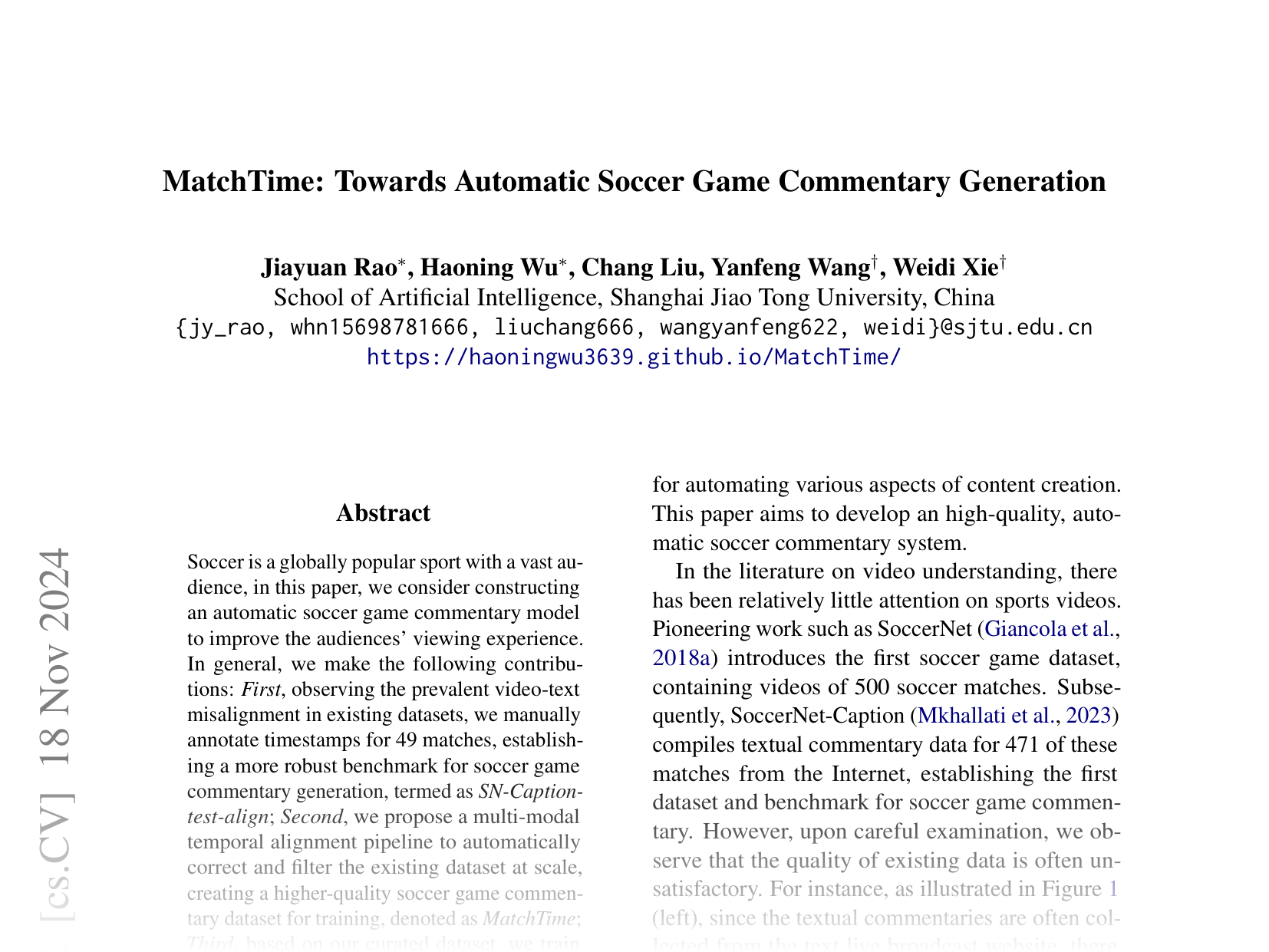 [MatchTime: Towards Automatic Soccer Game Commentary Generation 🔗](https://arxiv.org/abs/2406.18530)