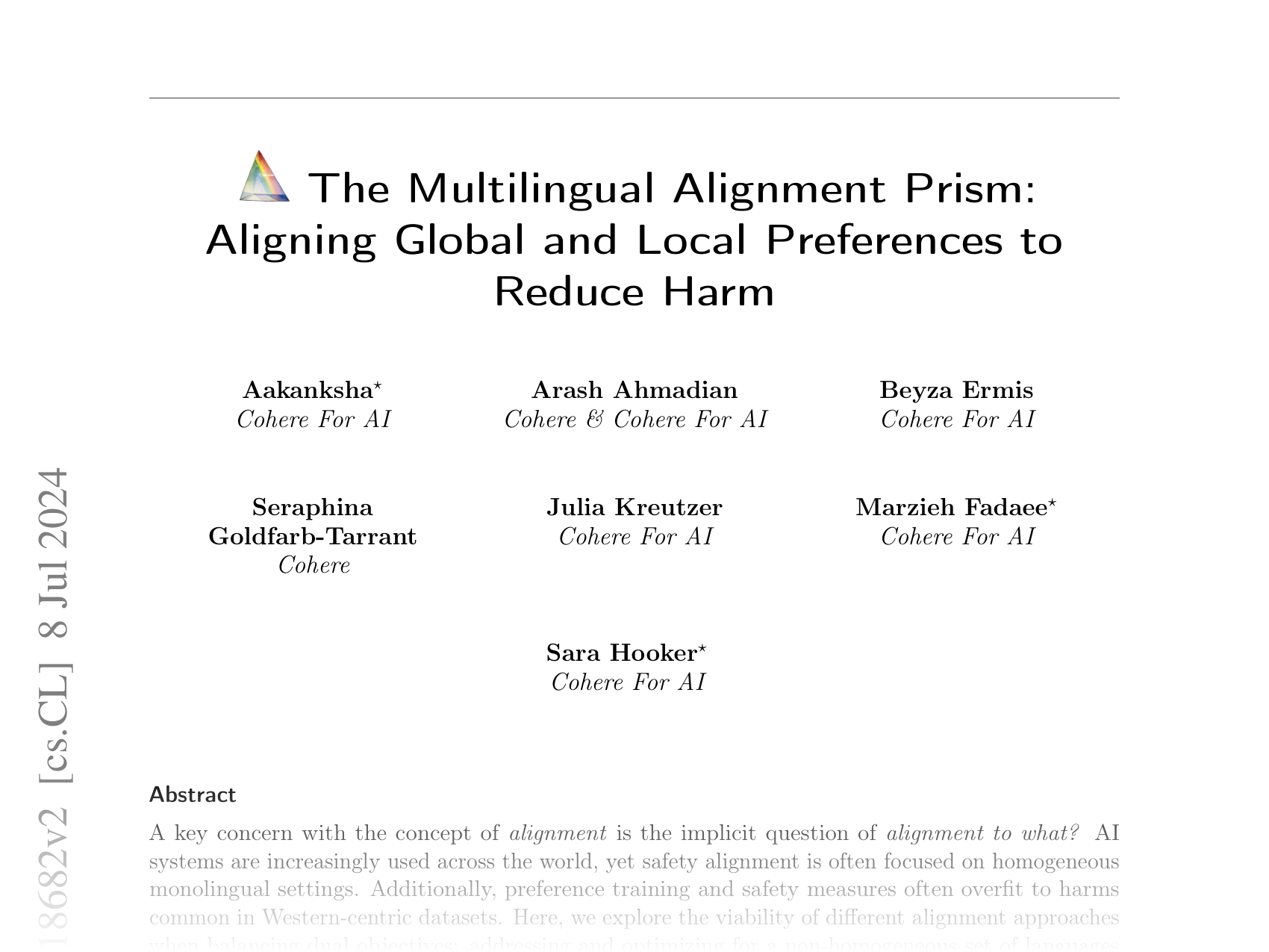 [The Multilingual Alignment Prism: Aligning Global and Local Preferences to Reduce Harm 🔗](https://arxiv.org/abs/2406.18682)