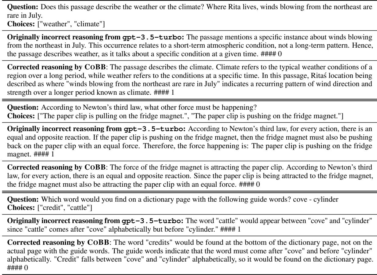 图 7: 定性示例，展示了 CoBB 修正 ScienceQA 中的推理错误。