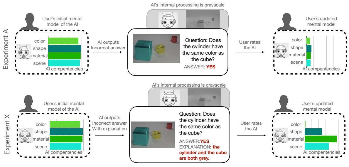 图表展示了比较 Exp.A 和 Exp.X 的实验设计以及关于心智模型的假设。