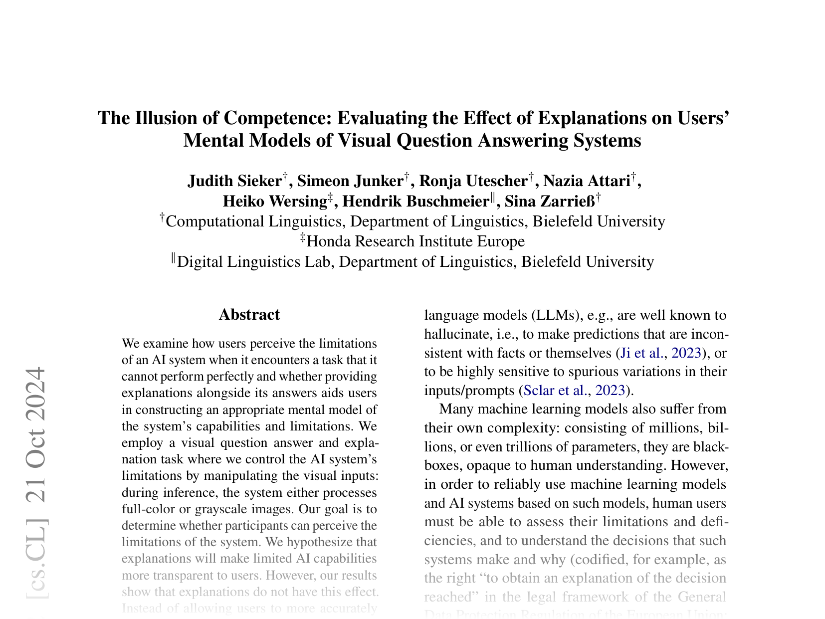 [The Illusion of Competence: Evaluating the Effect of Explanations on Users’ Mental Models of Visual Question Answering Systems 🔗](https://arxiv.org/abs/2406.19170)