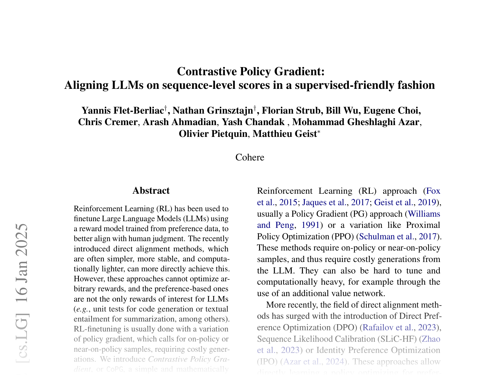 [Contrastive Policy Gradient: Aligning LLMs on sequence-level scores in a supervised-friendly fashion 🔗](https://arxiv.org/abs/2406.19185)