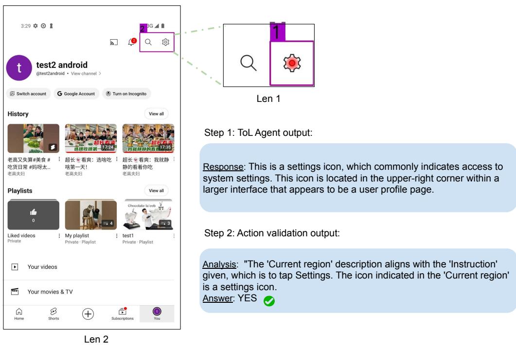 Example of verifying a mobile agent&rsquo;s action on YouTube. The agent correctly identifies the settings icon.