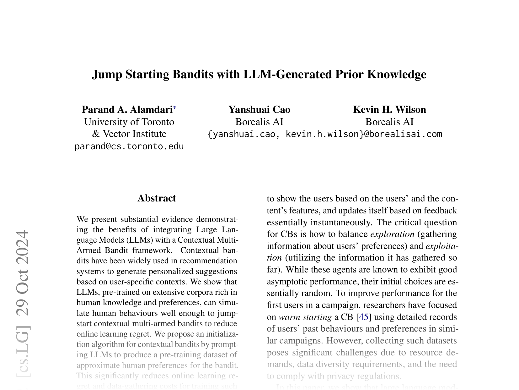 [Jump Starting Bandits with LLM-Generated Prior Knowledge 🔗](https://arxiv.org/abs/2406.19317)