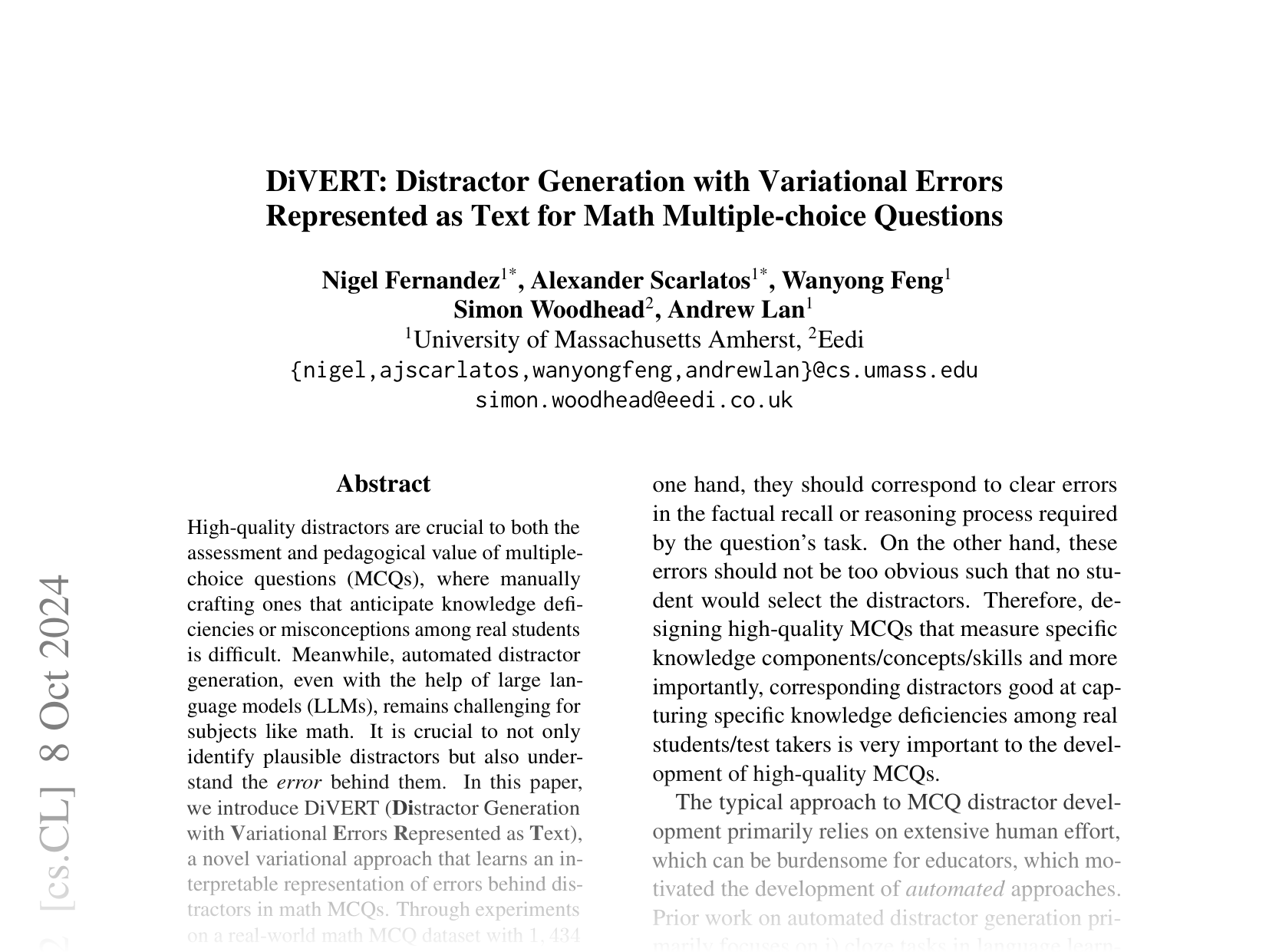 [DiVERT: Distractor Generation with Variational Errors Represented as Text for Math Multiple-choice Questions 🔗](https://arxiv.org/abs/2406.19356)