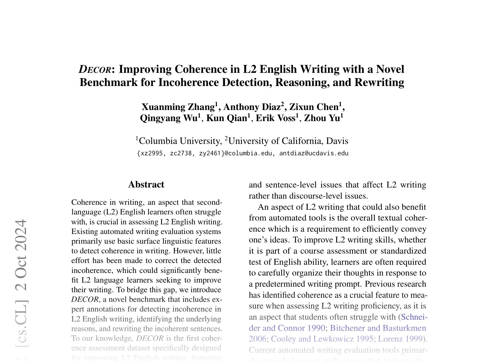 [Decor: Improving Coherence in L2 English Writing with a Novel Benchmark for Incoherence Detection, Reasoning, and Rewriting 🔗](https://arxiv.org/abs/2406.19650)