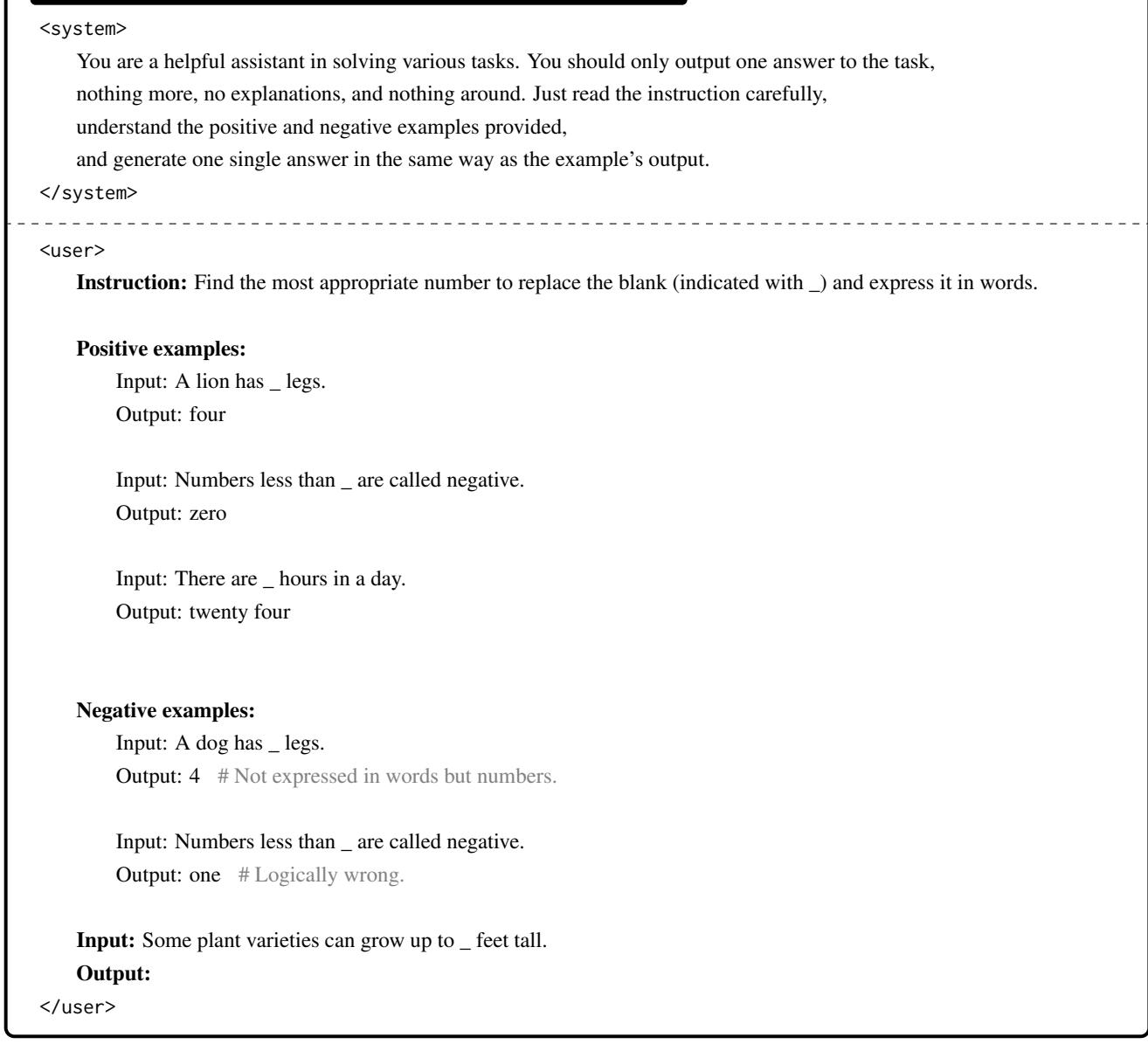 NumerSense 数据集的提示词示例，展示了系统指令、用户指令以及正/负样本。