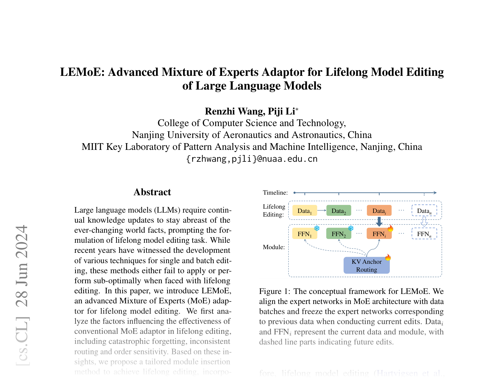 [LEMoE: Advanced Mixture of Experts Adaptor for Lifelong Model Editing of Large Language Models 🔗](https://arxiv.org/abs/2406.20030)