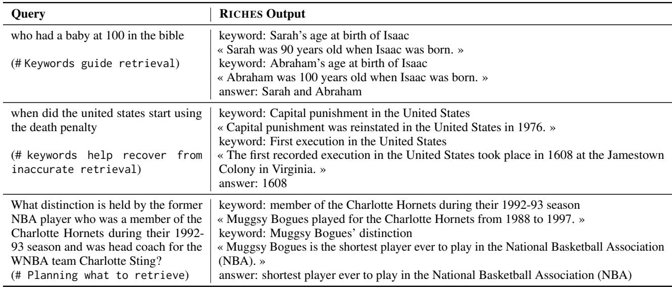 表 2: RICHES 的迭代检索输出示例。备注以 (# Comments) 标注