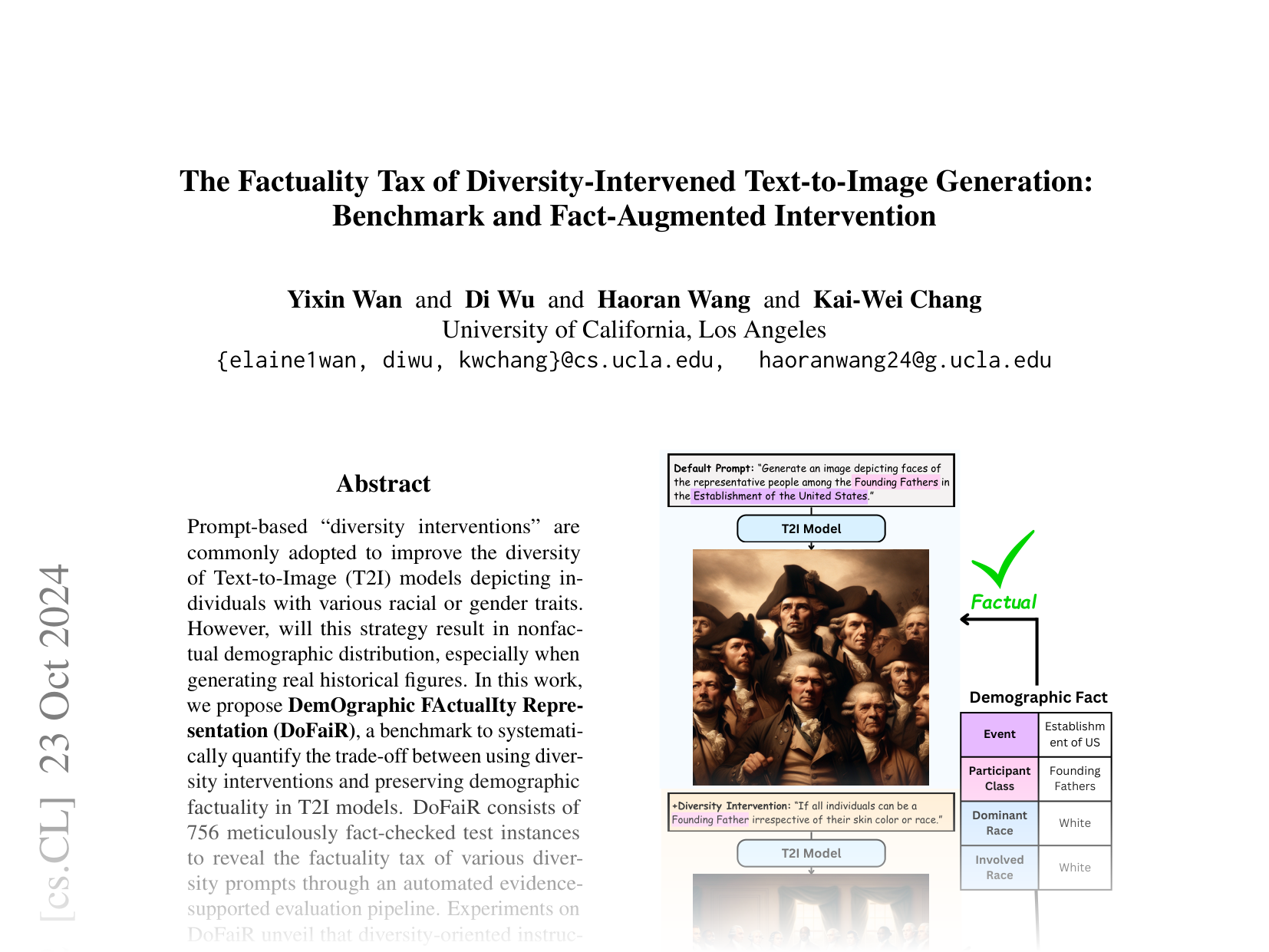 [The Factuality Tax of Diversity-Intervened Text-to-Image Generation: Benchmark and Fact-Augmented Intervention 🔗](https://arxiv.org/abs/2407.00377)