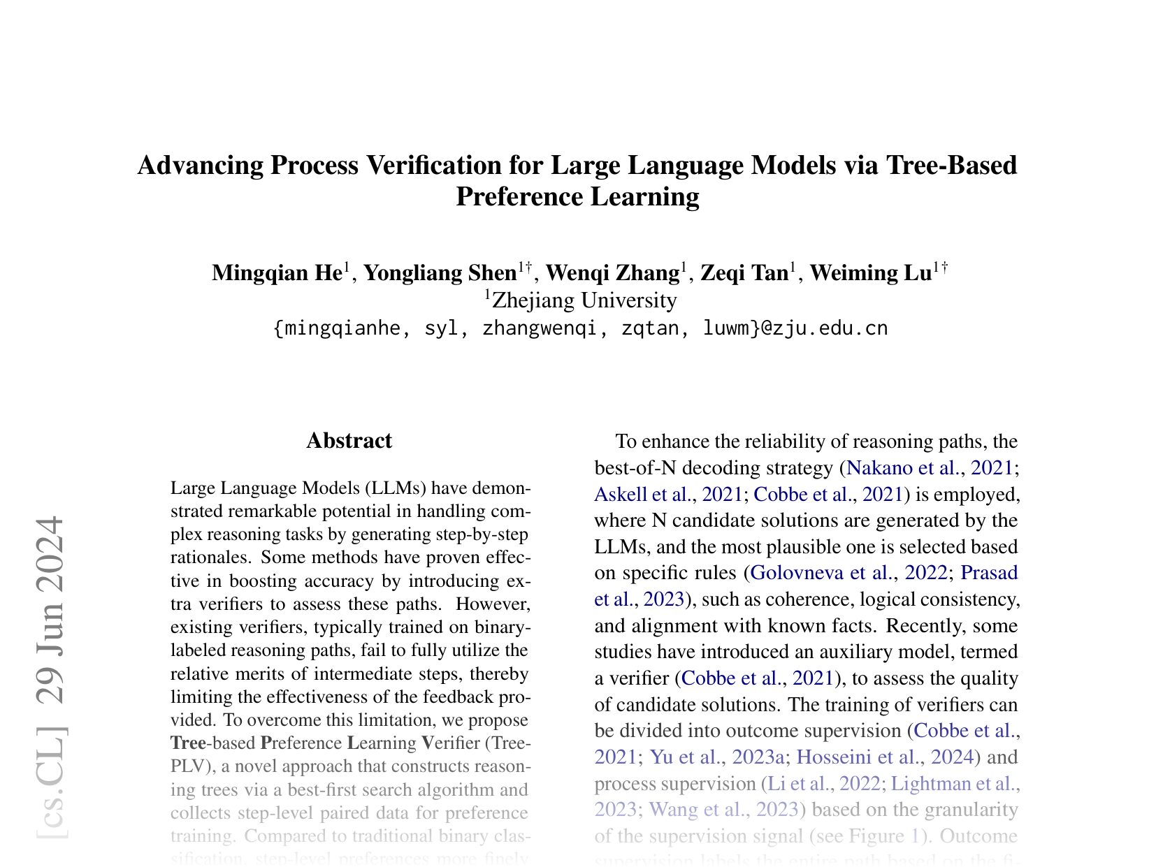 [Advancing Process Verification for Large Language Models via Tree-Based Preference Learning 🔗](https://arxiv.org/abs/2407.00390)