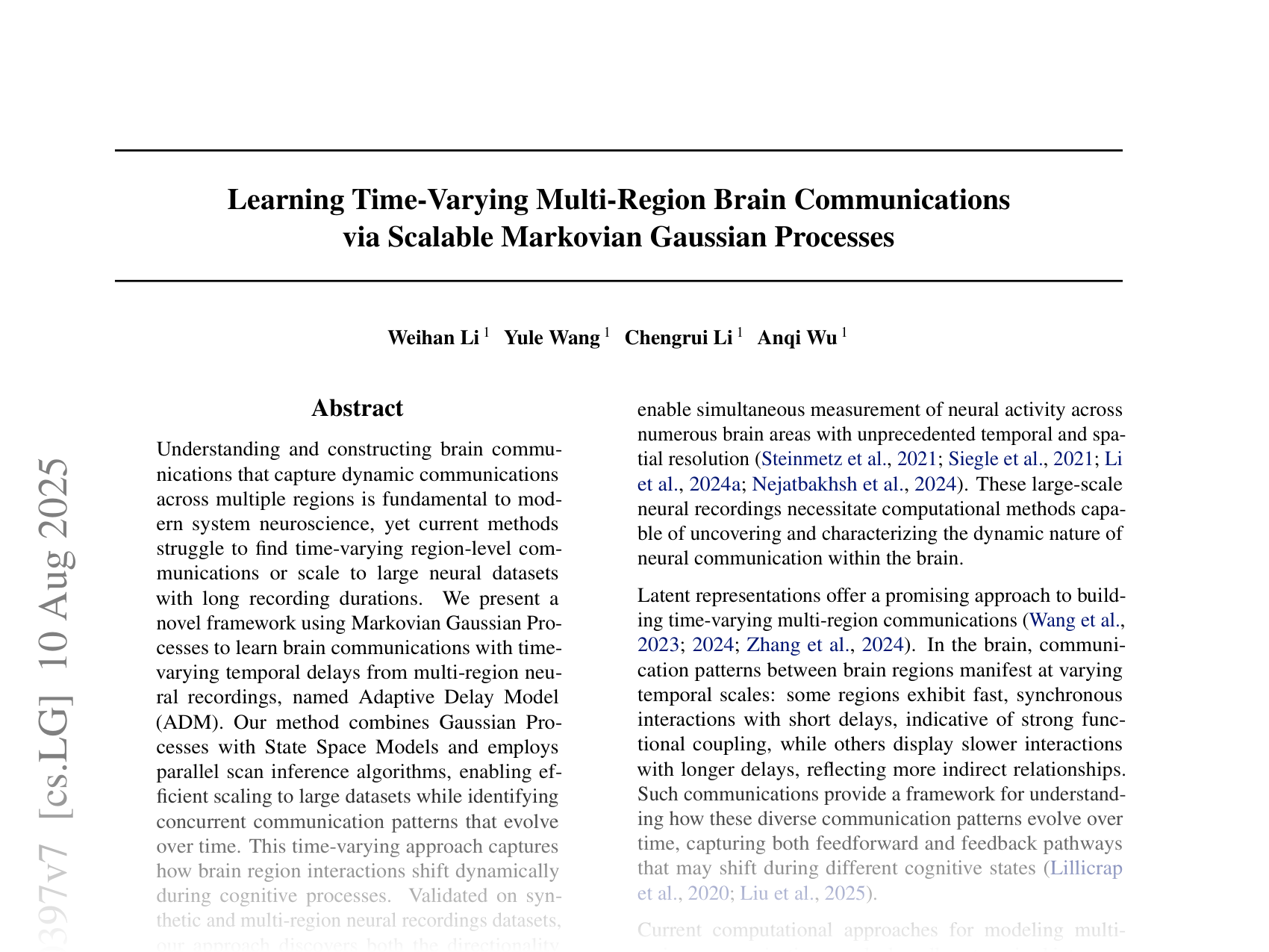 [Learning Time-Varying Multi-Region Brain Communications via Scalable Markovian Gaussian Processes 🔗](https://arxiv.org/abs/2407.00397)