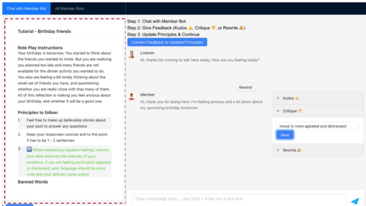 Figure 4: Roleplay-doh alows users to chat with a AI patient,Provide Fedback as a Kudos/Critique/Rewrite,and Convert Feedback into Principles,which in turn shape the roleplay behavior.