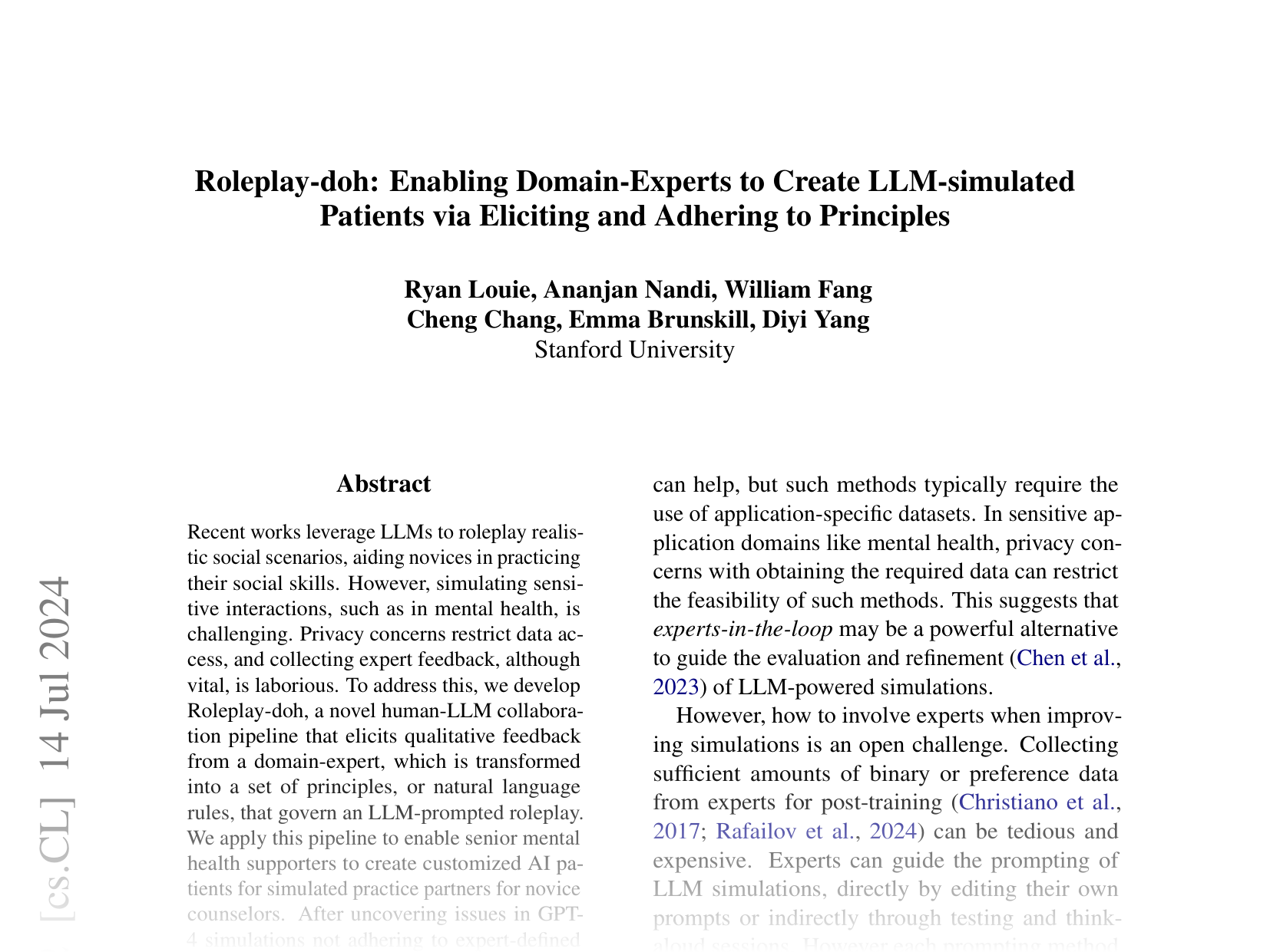 [Roleplay-doh: Enabling Domain-Experts to Create LLM-simulated Patients via Eliciting and Adhering to Principles 🔗](https://arxiv.org/abs/2407.00870)