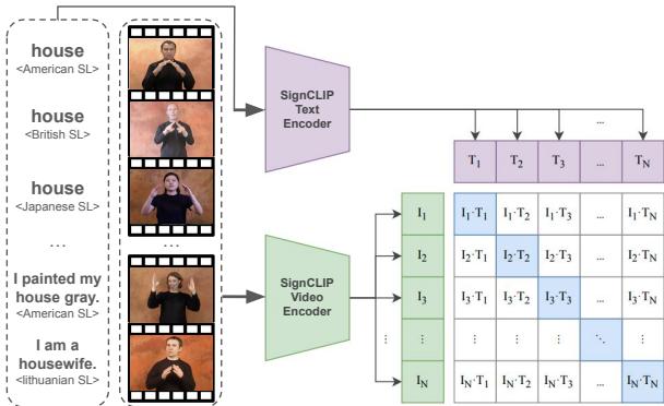 Figure 1: Illustration of SignCLIP, comprising a text encoder and a video encoder jointly trained on pairs of text and multilingual signing examples. Every sign is articulated in diverse languages and contexts with subtle differences in hand shape,movement, place of articulation, etc.The screenshots of the videos are from Spreadthesign and the matrix part is taken from CLIP.