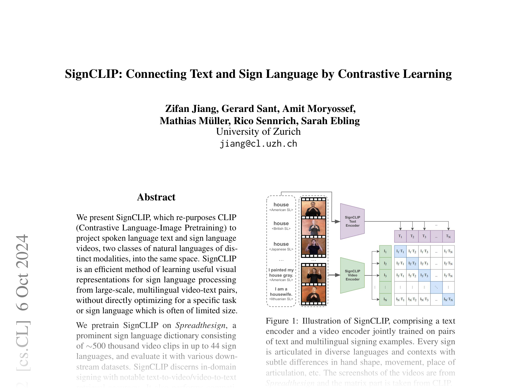 [SignCLIP: Connecting Text and Sign Language by Contrastive Learning 🔗](https://arxiv.org/abs/2407.01264)