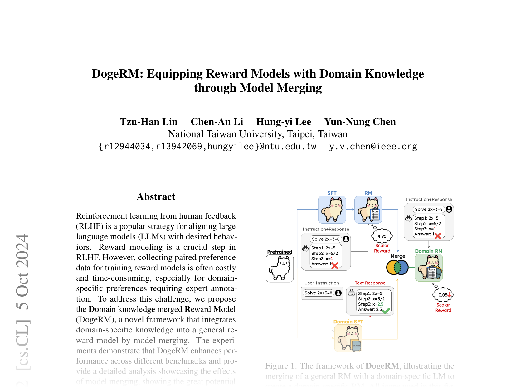 [DogeRM: Equipping Reward Models with Domain Knowledge through Model Merging 🔗](https://arxiv.org/abs/2407.01470)