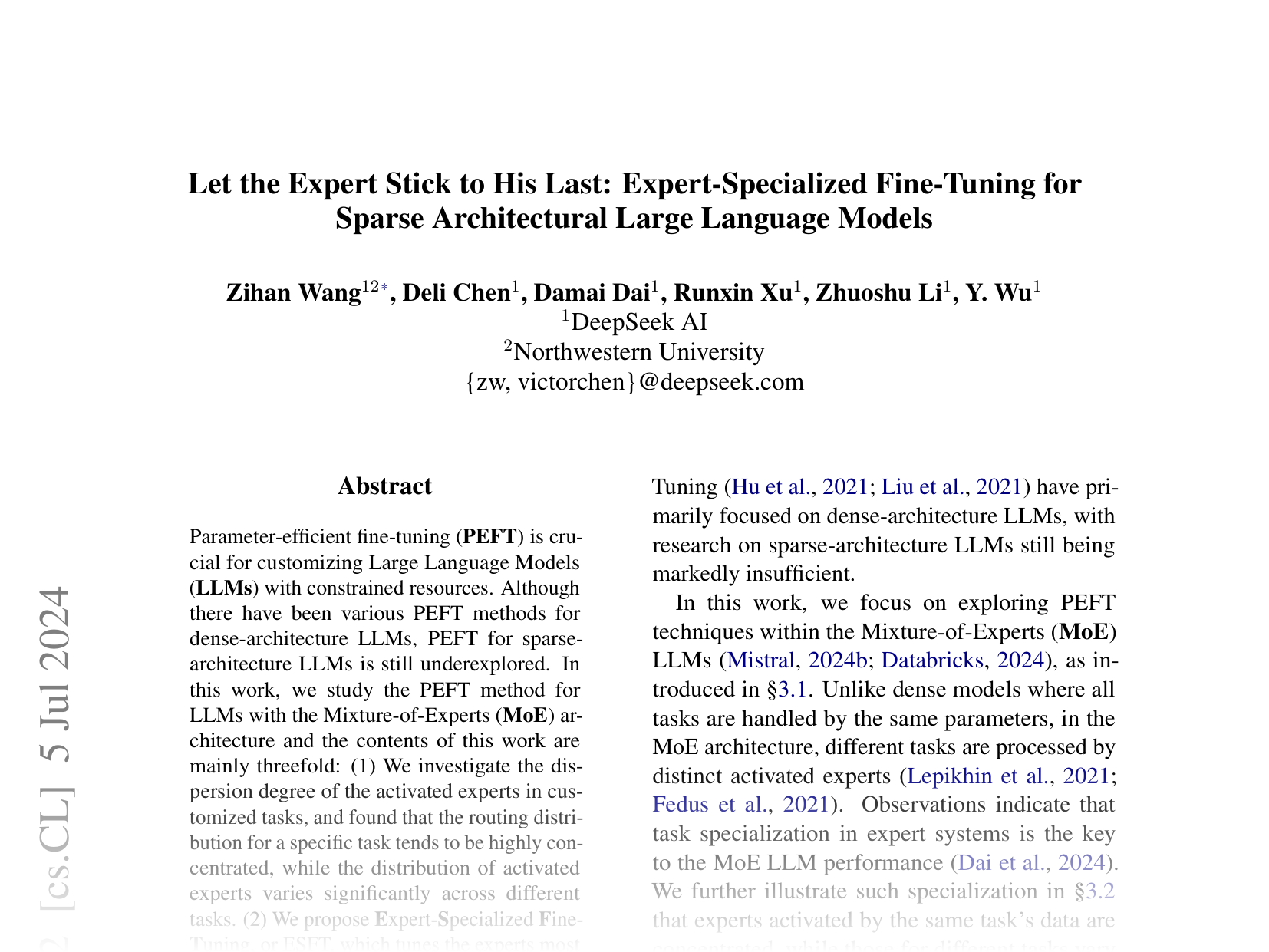 [Let the Expert Stick to His Last: Expert-Specialized Fine-Tuning for Sparse Architectural Large Language Models 🔗](https://arxiv.org/abs/2407.01906)