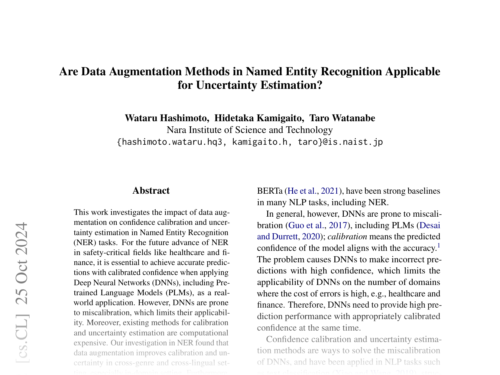 [Are Data Augmentation Methods in Named Entity Recognition Applicable for Uncertainty Estimation? 🔗](https://arxiv.org/abs/2407.02062)