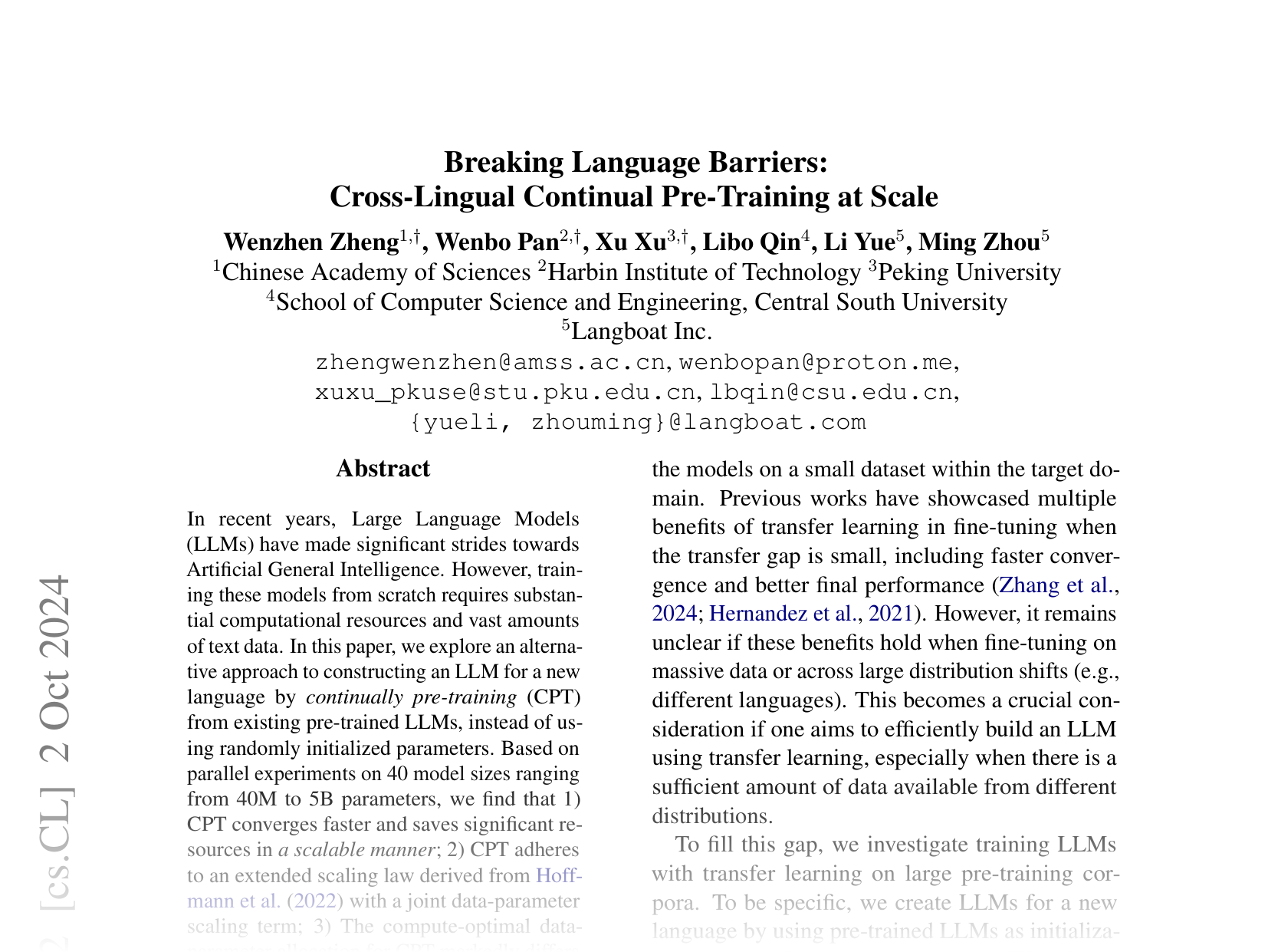 [Breaking Language Barriers: Cross-Lingual Continual Pre-Training at Scale 🔗](https://arxiv.org/abs/2407.02118)