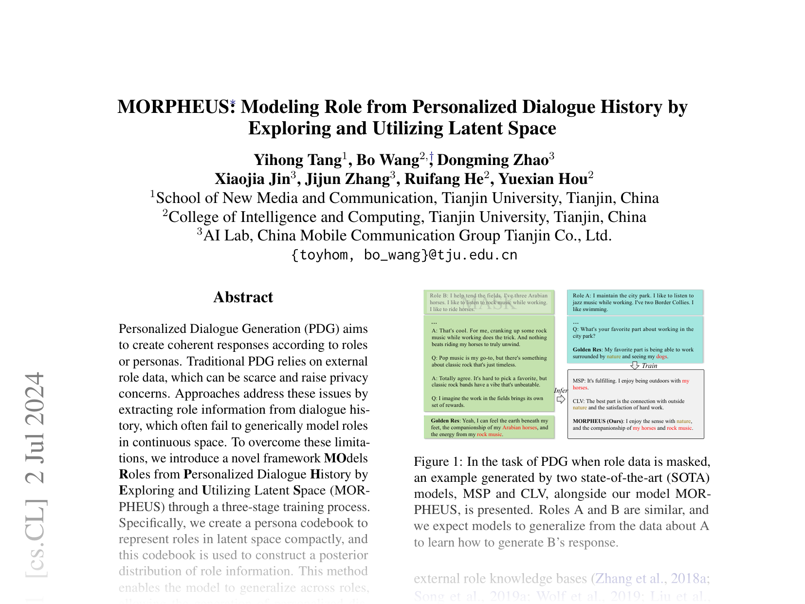 [MORPHEUS: Modeling Role from Personalized Dialogue History by Exploring and Utilizing Latent Space 🔗](https://arxiv.org/abs/2407.02345)