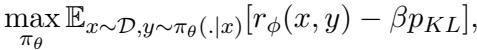 Equation showing the max over policy pi_theta of the expectation of reward minus beta times KL divergence.
