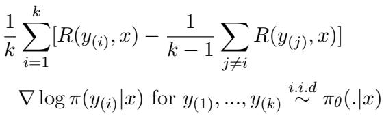 Equation showing the RLOO gradient estimator with the leave-one-out baseline.
