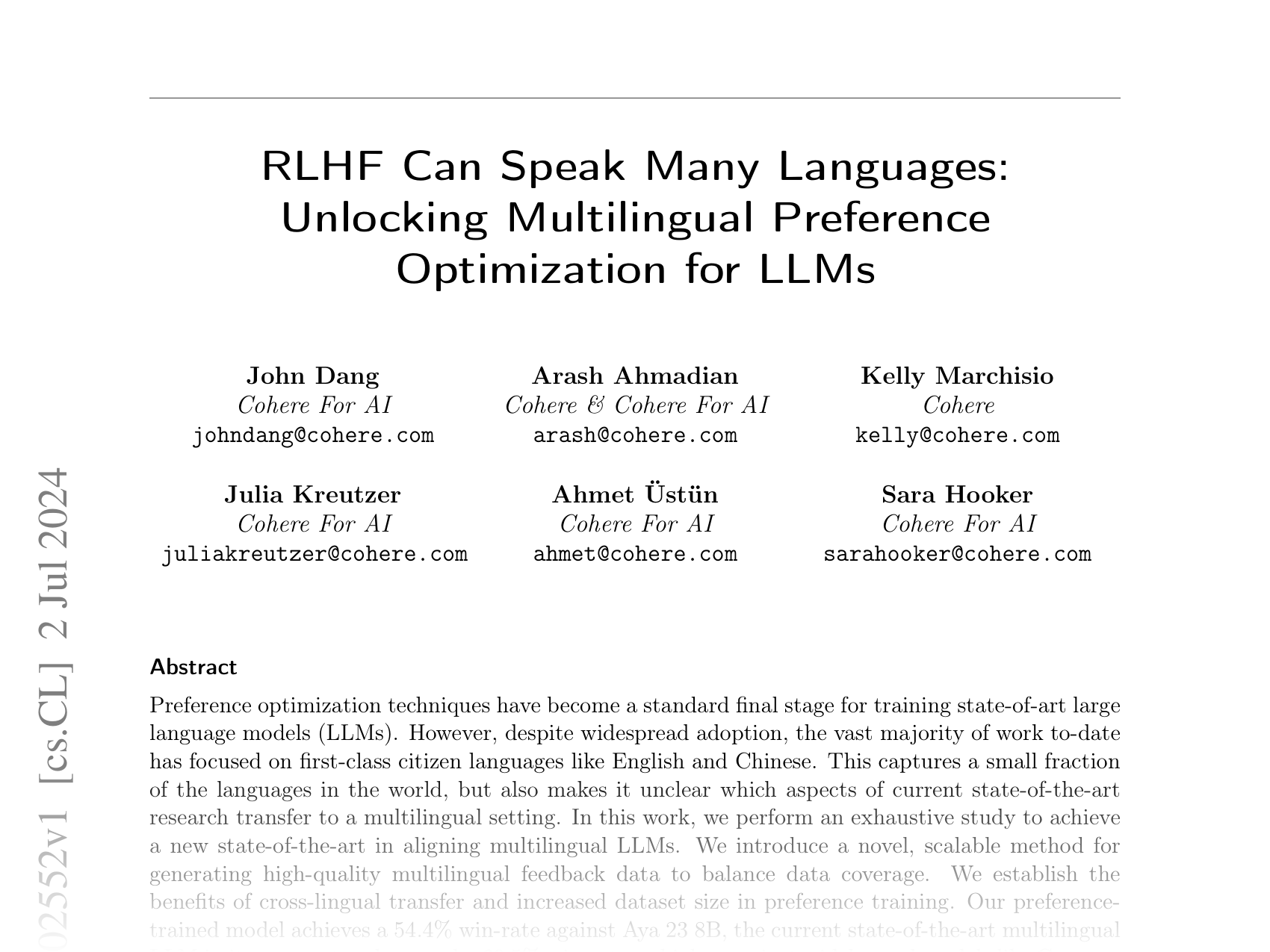 [RLHF Can Speak Many Languages: Unlocking Multilingual Preference Optimization for LLMs 🔗](https://arxiv.org/abs/2407.02552)