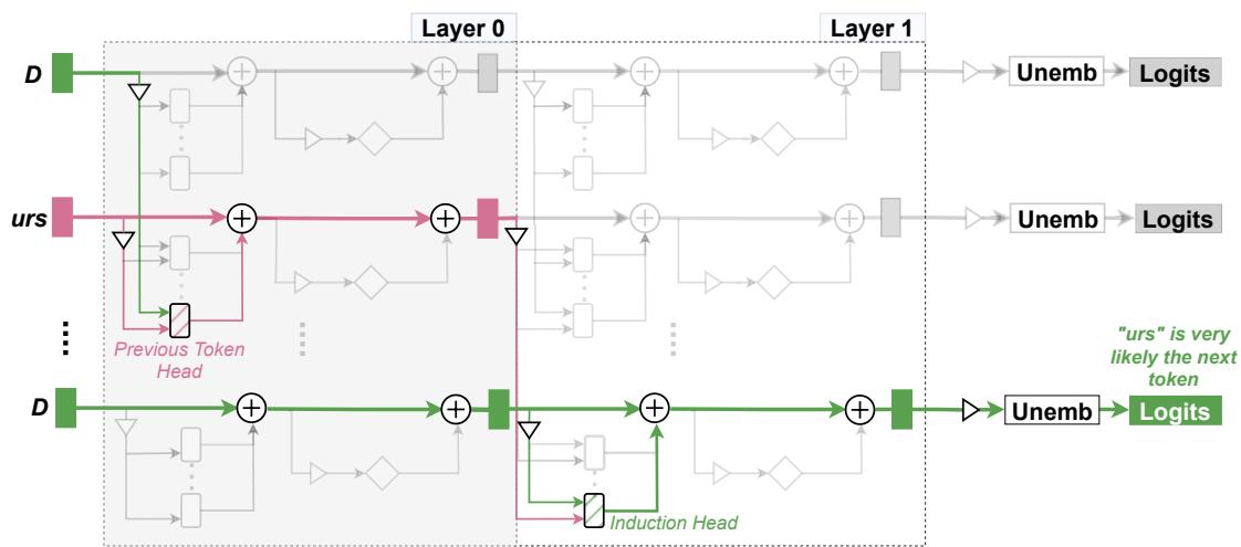 图 2: 一个归纳回路示例。由两个注意力头组成——一个“前一词元头”和一个“归纳头”——它们协同检测并延续文本中的重复序列。