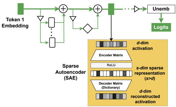 图 6: 应用于残差流激活的稀疏自编码器 (SAE): 将 d 维激活映射到 s 维稀疏编码,再解码回来重构原向量。
