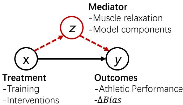 图 1: 因果中介分析示例。在这个例子中，力量训练作为处理手段，旨在提高运动表现，而肌肉放松作为中介，间接影响运动表现。在我们的研究中，输入模块中的干预直接影响模型预测中的性别偏见，而诸如特定层或神经元等模型组件可以调节这种效应。