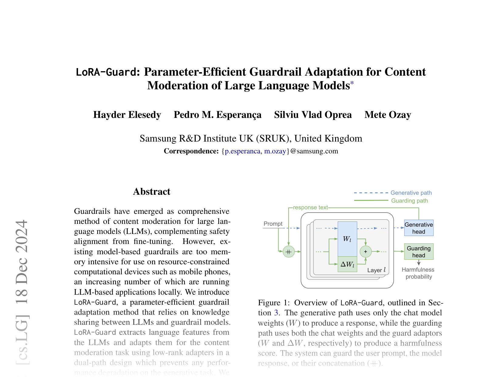 [LoRA-Guard: Parameter-Efficient Guardrail Adaptation for Content Moderation of Large Language Models 🔗](https://arxiv.org/abs/2407.02987)