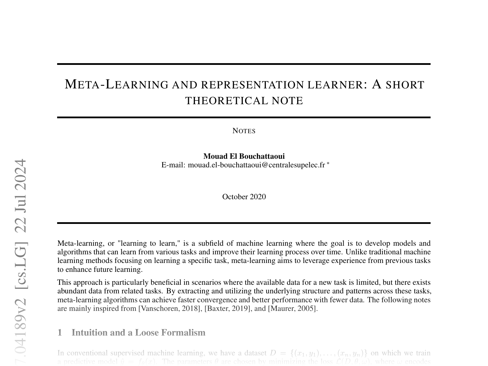 [META-LEARNING AND REPRESENTATION LEARNER: A SHORT THEORETICAL NOTE 🔗](https://arxiv.org/abs/2407.04189)