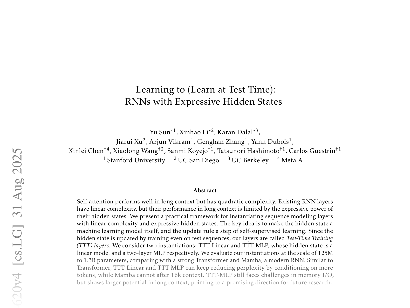 [Learning to (Learn at Test Time): RNNs with Expressive Hidden States 🔗](https://arxiv.org/abs/2407.04620)