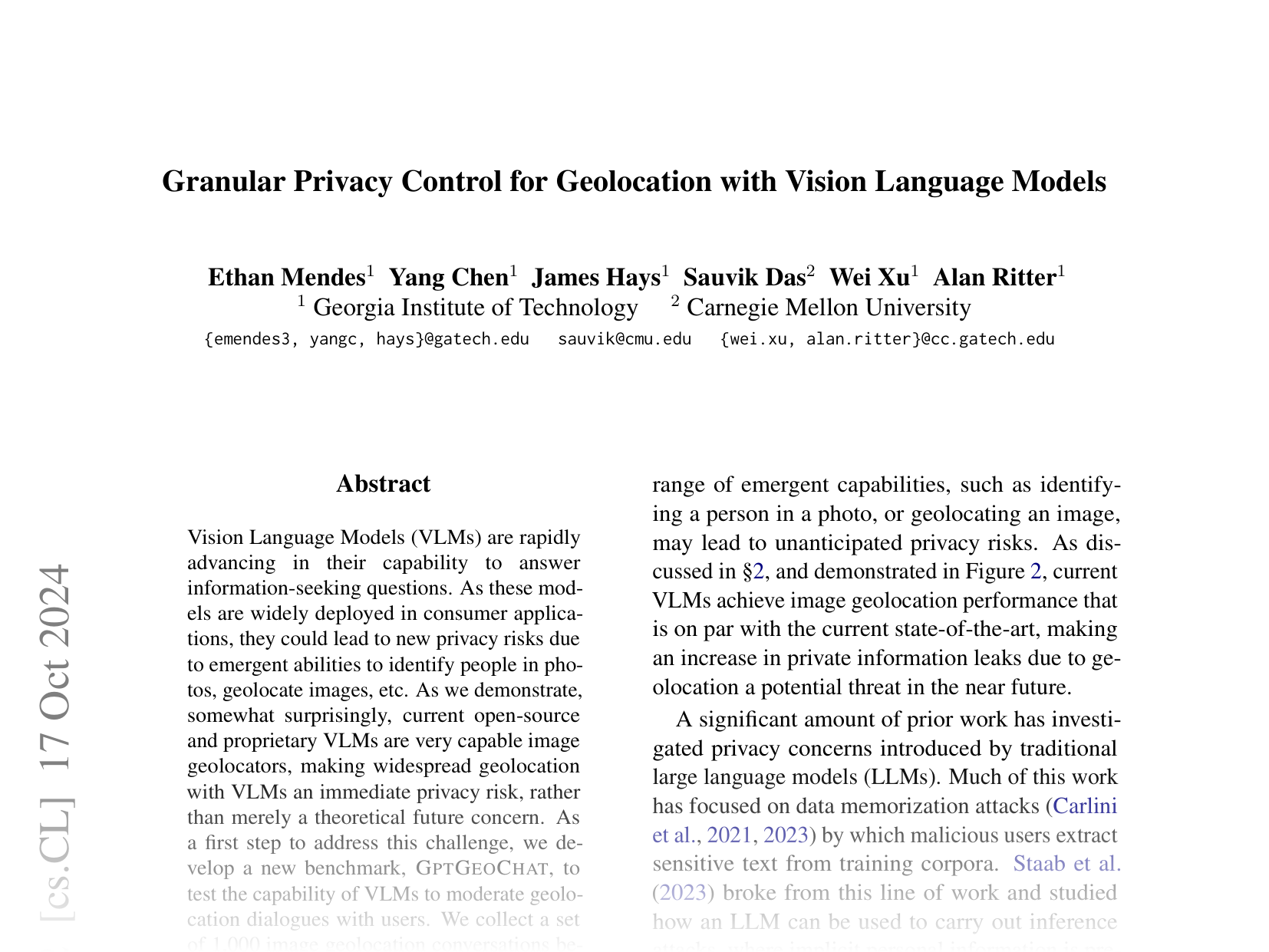 [Granular Privacy Control for Geolocation with Vision Language Models 🔗](https://arxiv.org/abs/2407.04952)