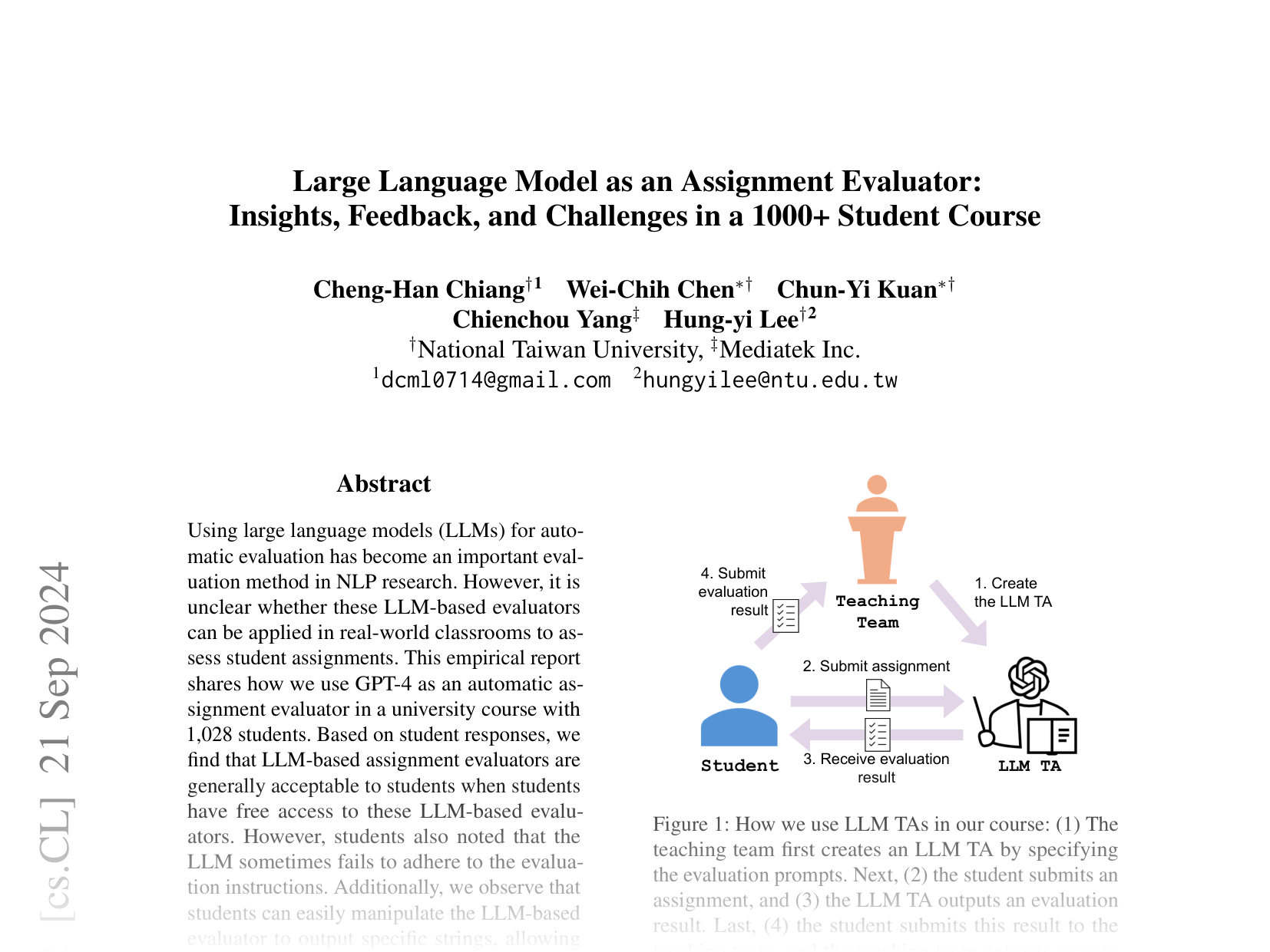 [Large Language Model as an Assignment Evaluator: Insights, Feedback, and Challenges in a 1000+ Student Course 🔗](https://arxiv.org/abs/2407.05216)