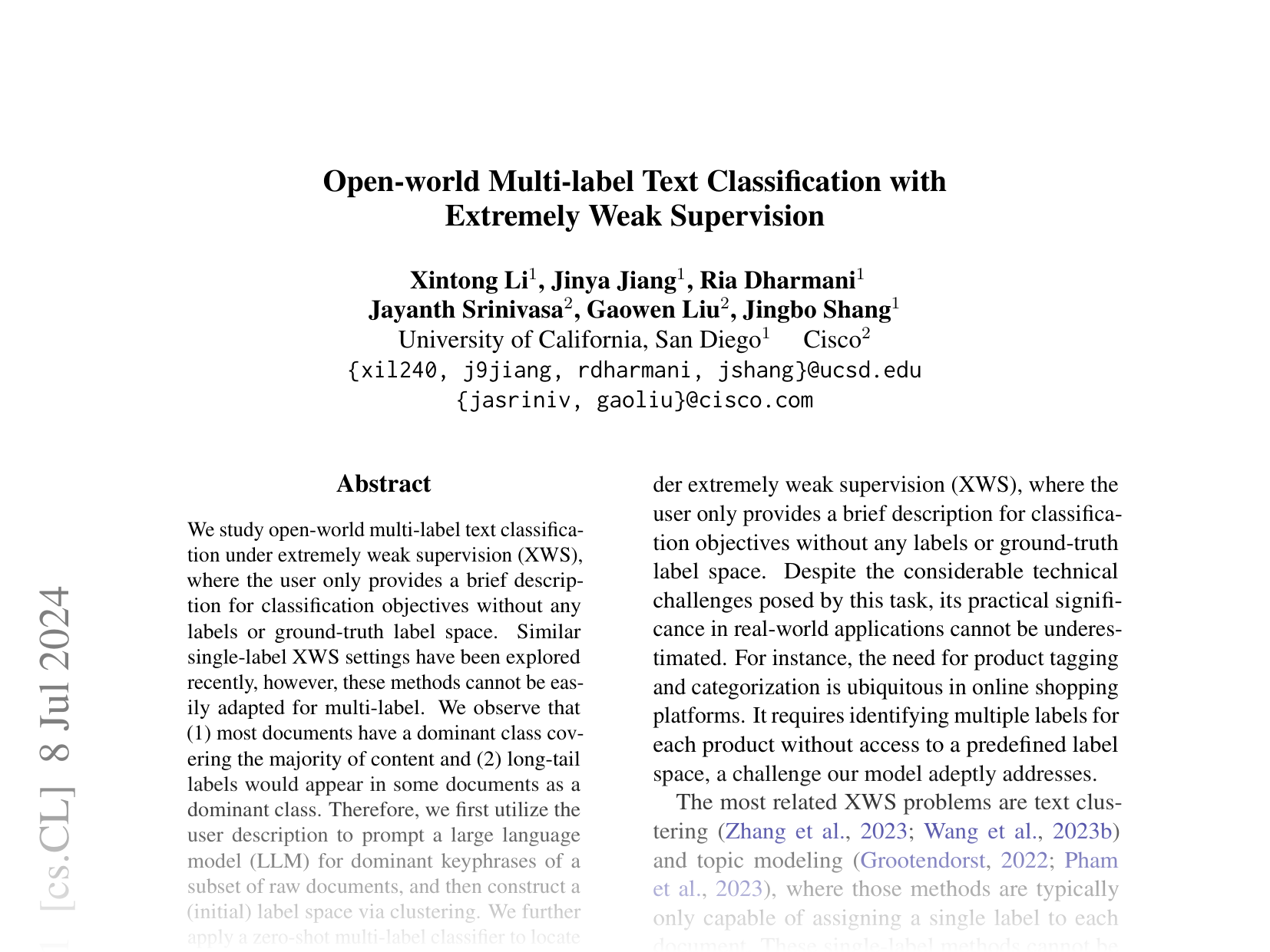 [Open-world Multi-label Text Classification with Extremely Weak Supervision 🔗](https://arxiv.org/abs/2407.05609)