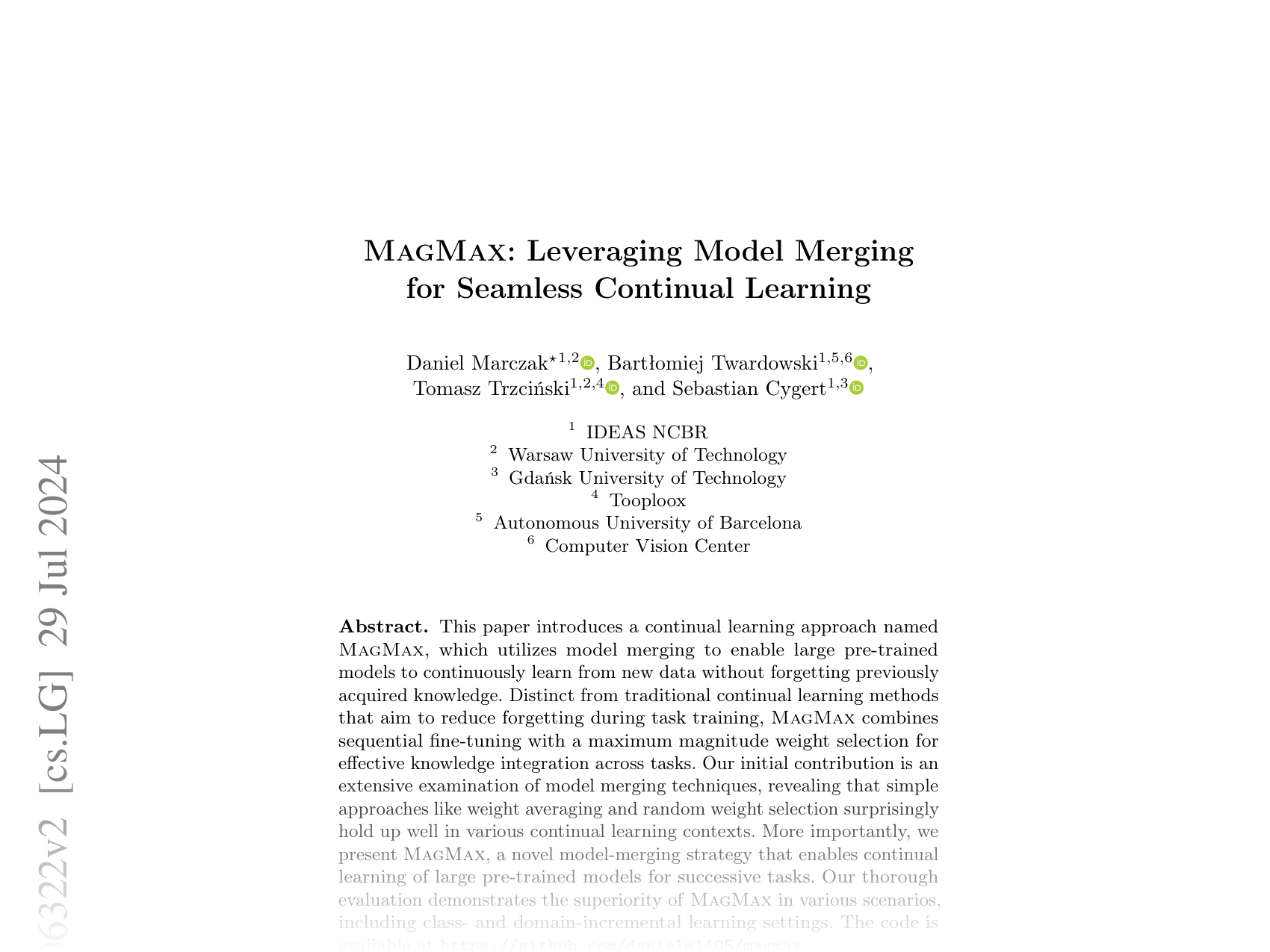 [MAGMAX: Leveraging Model Merging for Seamless Continual Learning 🔗](https://arxiv.org/abs/2407.06322)