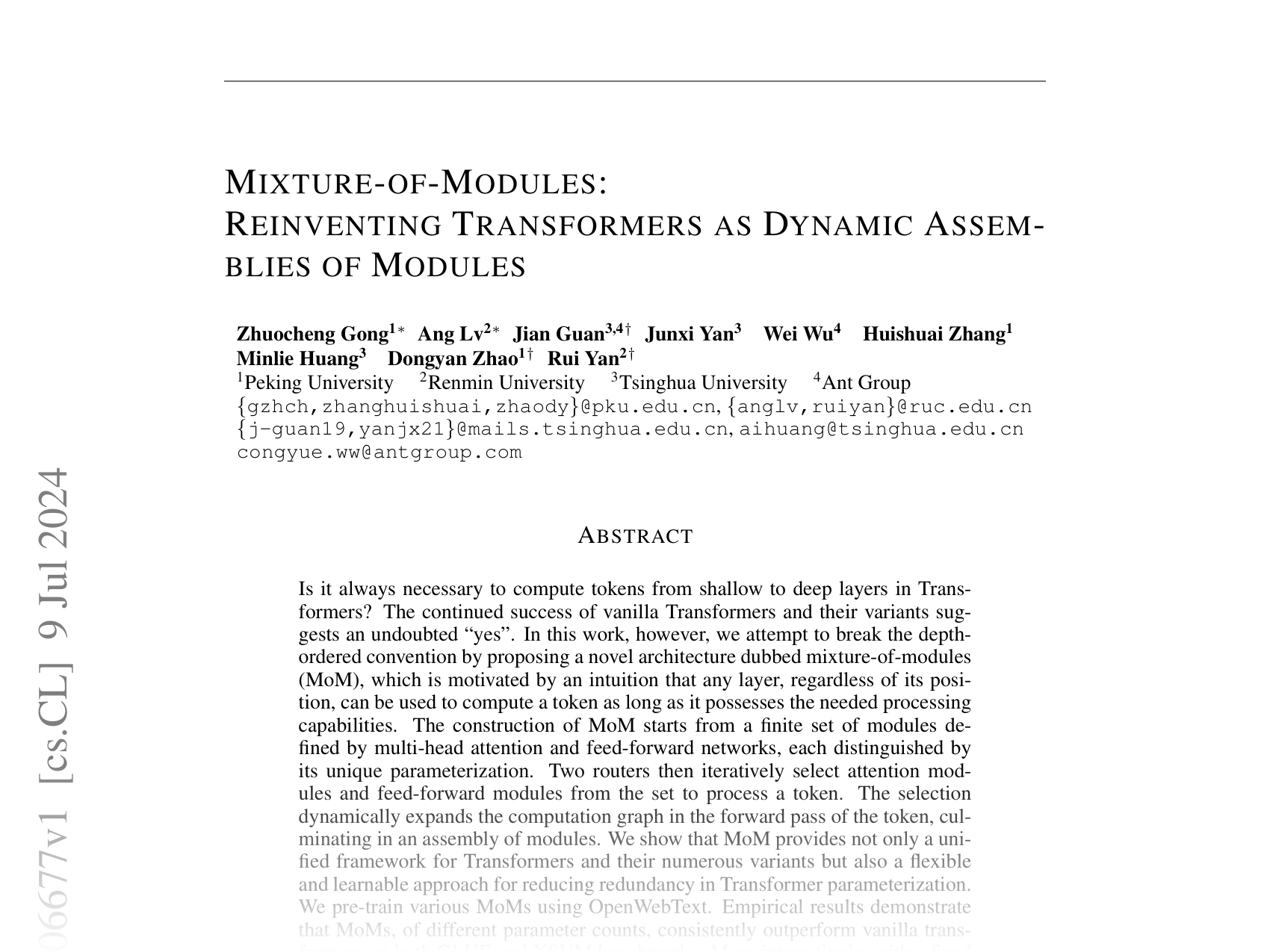 [MIXTURE-OF-MODULES: REINVENTING TRANSFORMERS AS DYNAMIC ASSEMBLIES OF MODULES 🔗](https://arxiv.org/abs/2407.06677)