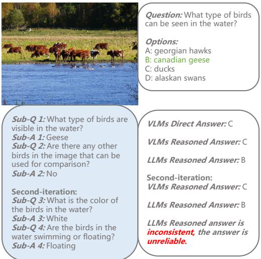 不一致情况的示例，LLM 标记了 VLM 错过的错误。