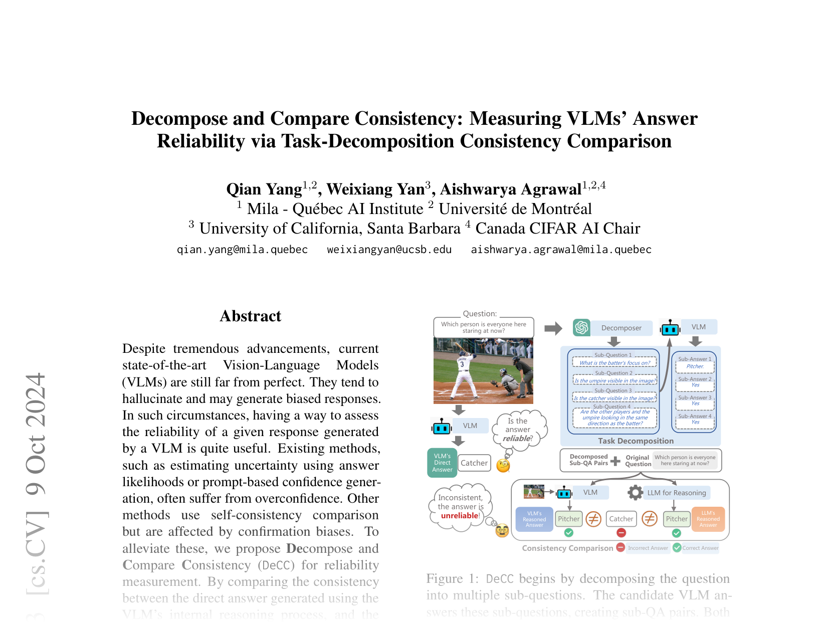 [Decompose and Compare Consistency: Measuring VLMs' Answer Reliability via Task-Decomposition Consistency Comparison 🔗](https://arxiv.org/abs/2407.07840)