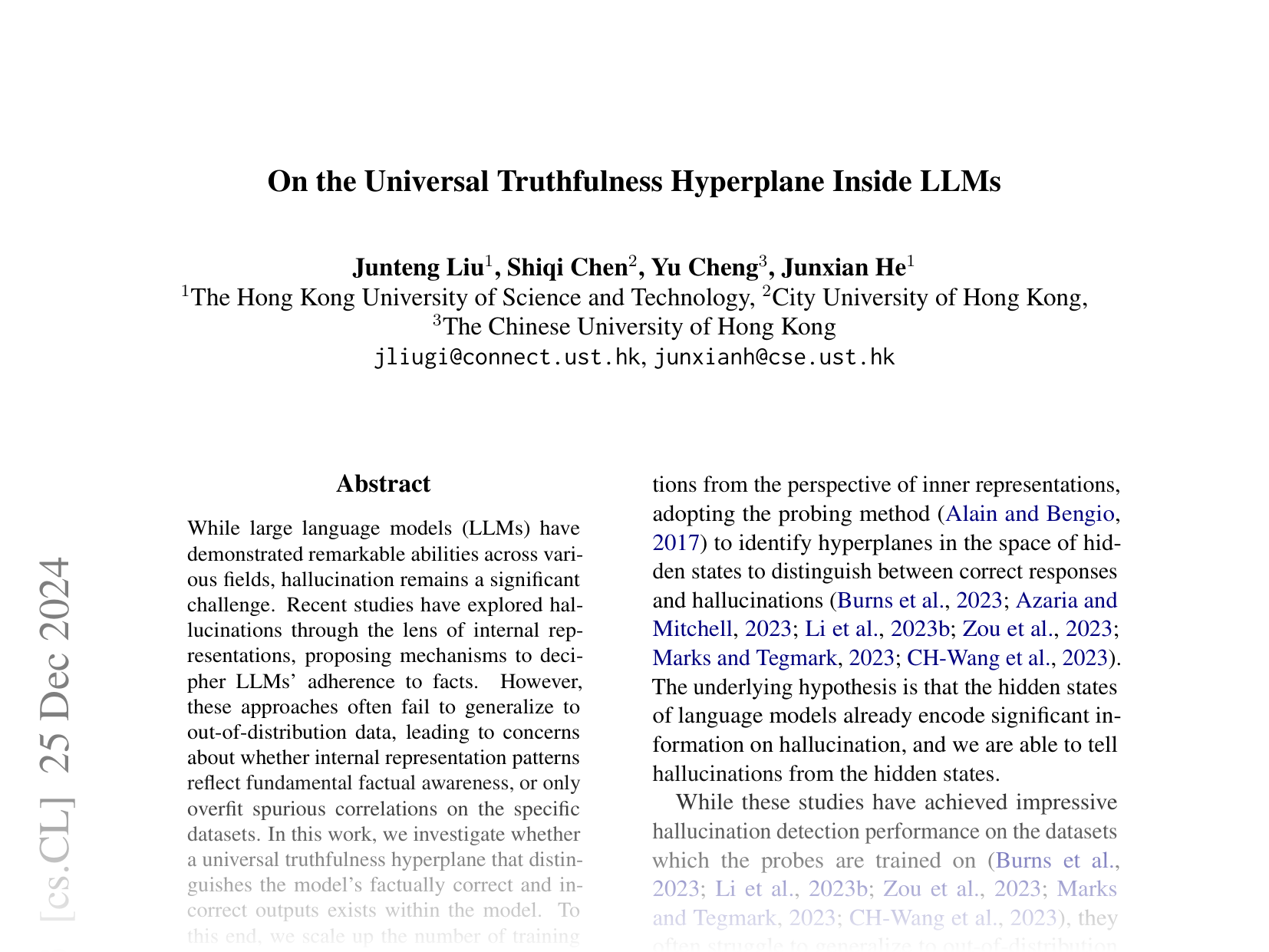 [On the Universal Truthfulness Hyperplane Inside LLMs 🔗](https://arxiv.org/abs/2407.08582)