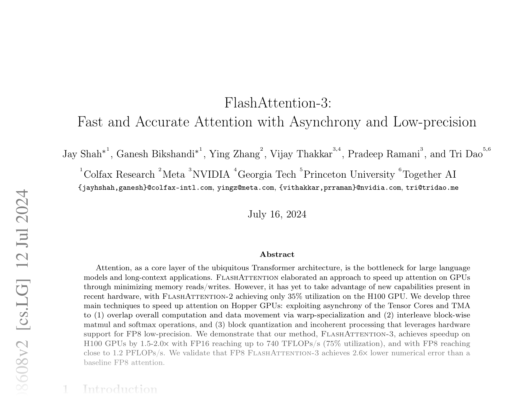 [FlashAttention-3: Fast and Accurate Attention with Asynchrony and Low-precision 🔗](https://arxiv.org/abs/2407.08608)