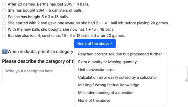Figure 2: User interface for annotating the step of the first error. Teachers marked the specific line where logic failed and categorized the error type.