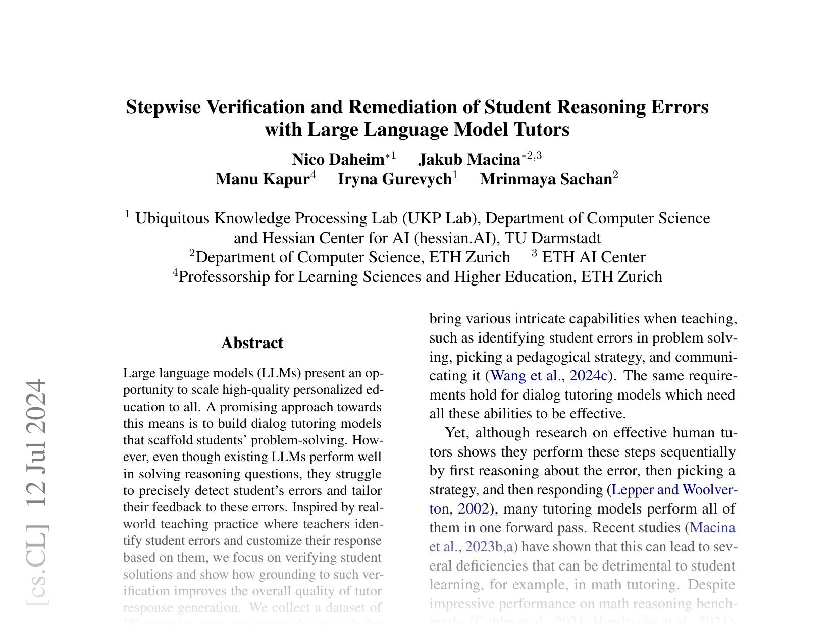 [Stepwise Verification and Remediation of Student Reasoning Errors with Large Language Model Tutors 🔗](https://arxiv.org/abs/2407.09136)
