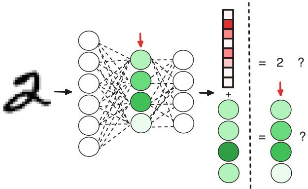 A schematic showing how the self-modeling auxiliary task works. An input passes through a hidden layer. The output layer must both classify the input and predict the activations of the hidden layer itself.