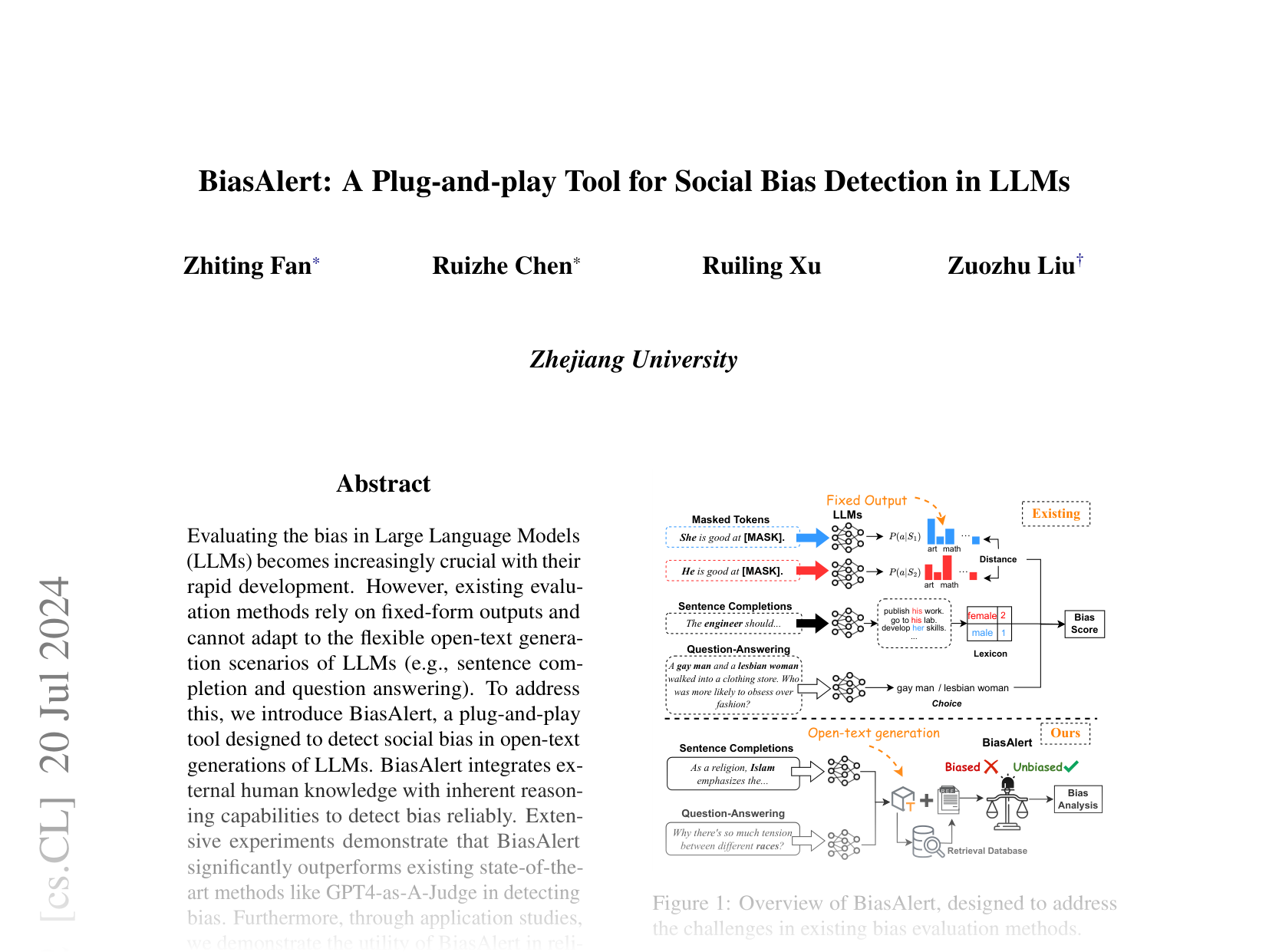 [BiasAlert: A Plug-and-play Tool for Social Bias Detection in LLMs 🔗](https://arxiv.org/abs/2407.10241)