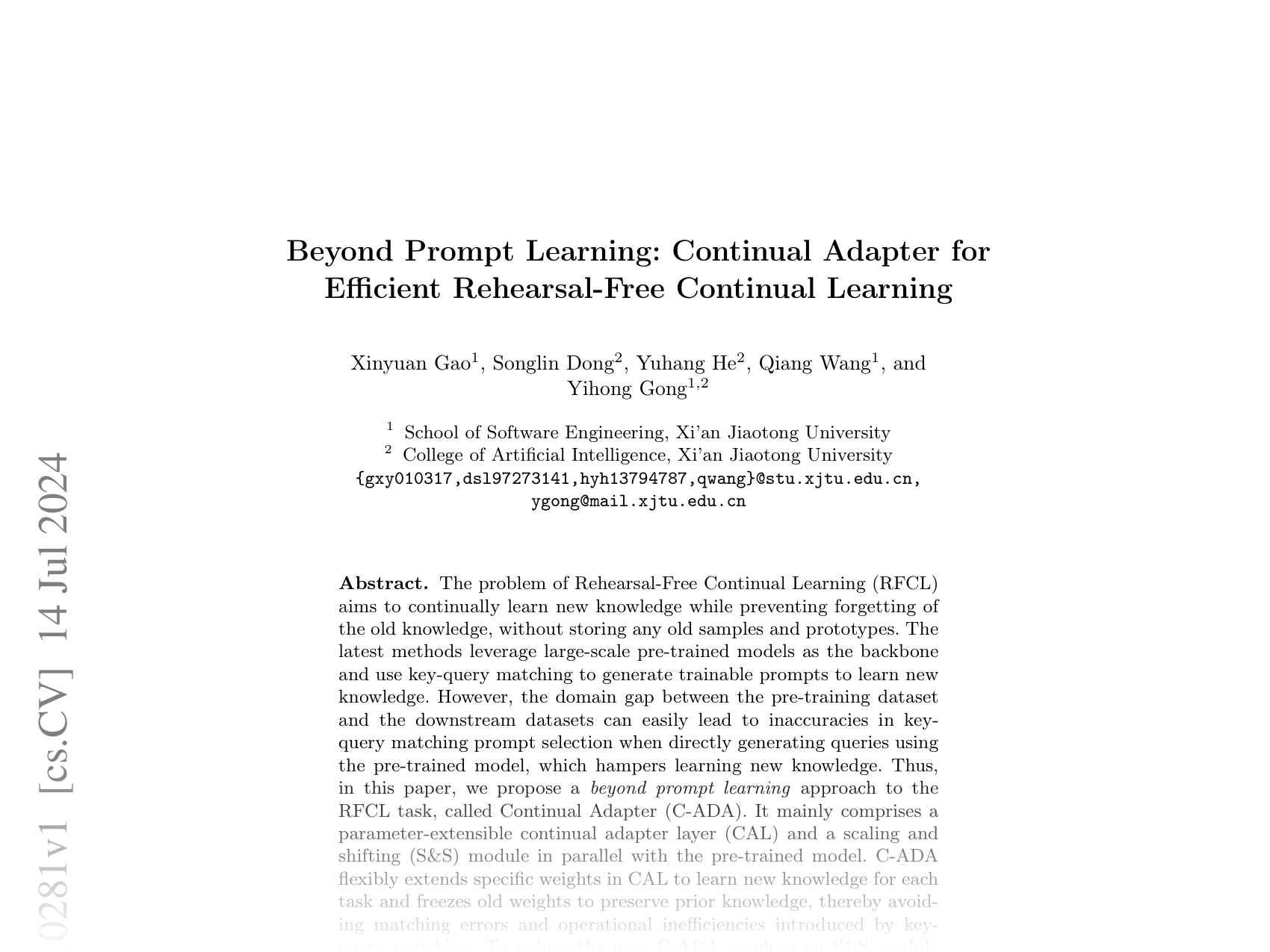 [Beyond Prompt Learning: Continual Adapter for Efficient Rehearsal-Free Continual Learning 🔗](https://arxiv.org/abs/2407.10281)