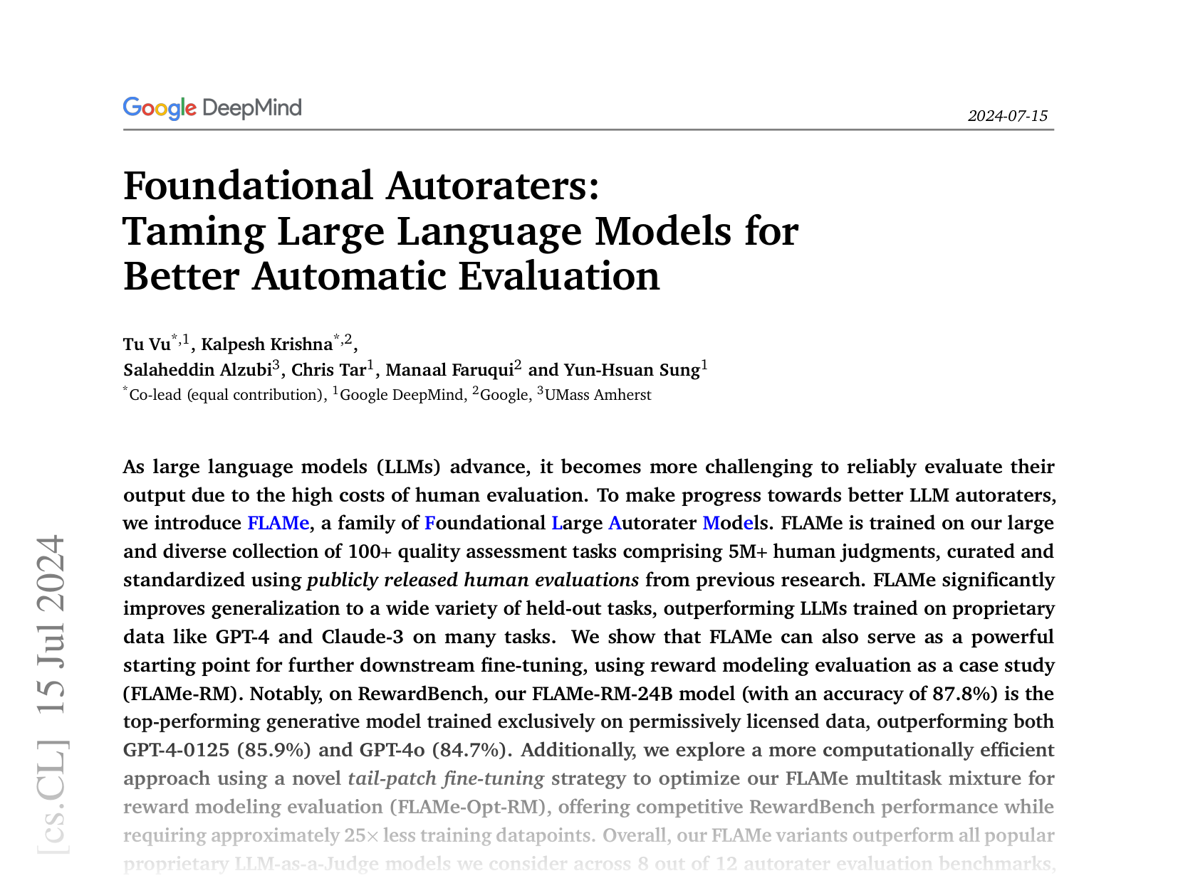 [Foundational Autoraters: Taming Large Language Models for Better Automatic Evaluation 🔗](https://arxiv.org/abs/2407.10817)